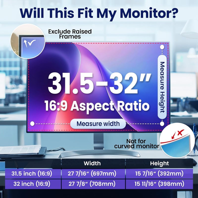 BOVORY 32 Inch Privacy Screen for Computer Monitor 16:9 Aspect Ratio,Magnetic Anti Glare Blue Light Hanging Private Protector Eye Care,32in Removable Anti Spy Filter Shield for Digital Workplaces - Image 2